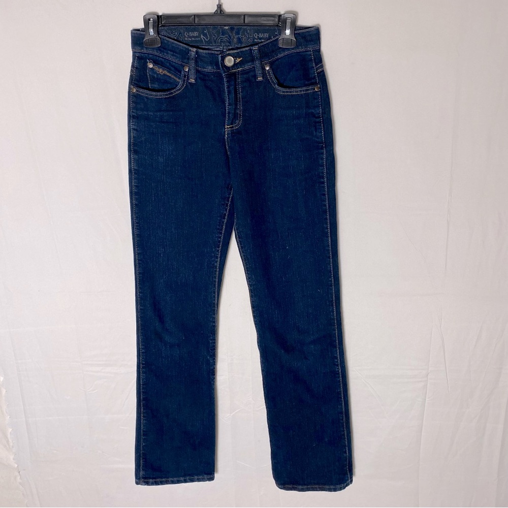 Wrangler Q Baby Dark Wash Mid Rise Elastic Waistband Straight Leg Jeans 4